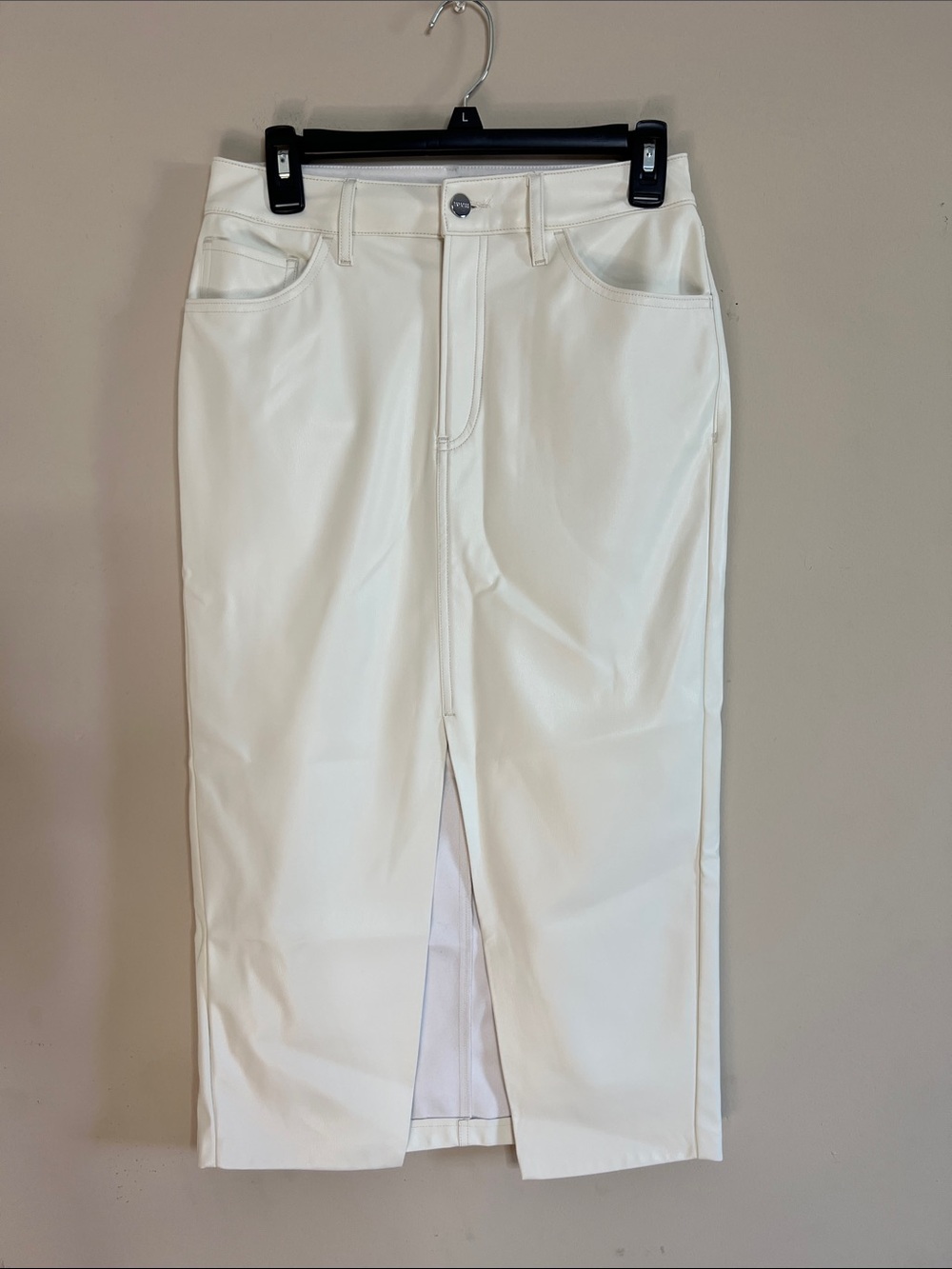 🍨🧴🥯🍦Express Faux Leather Women's Straight Leg White Jean Skirt with Front Slit